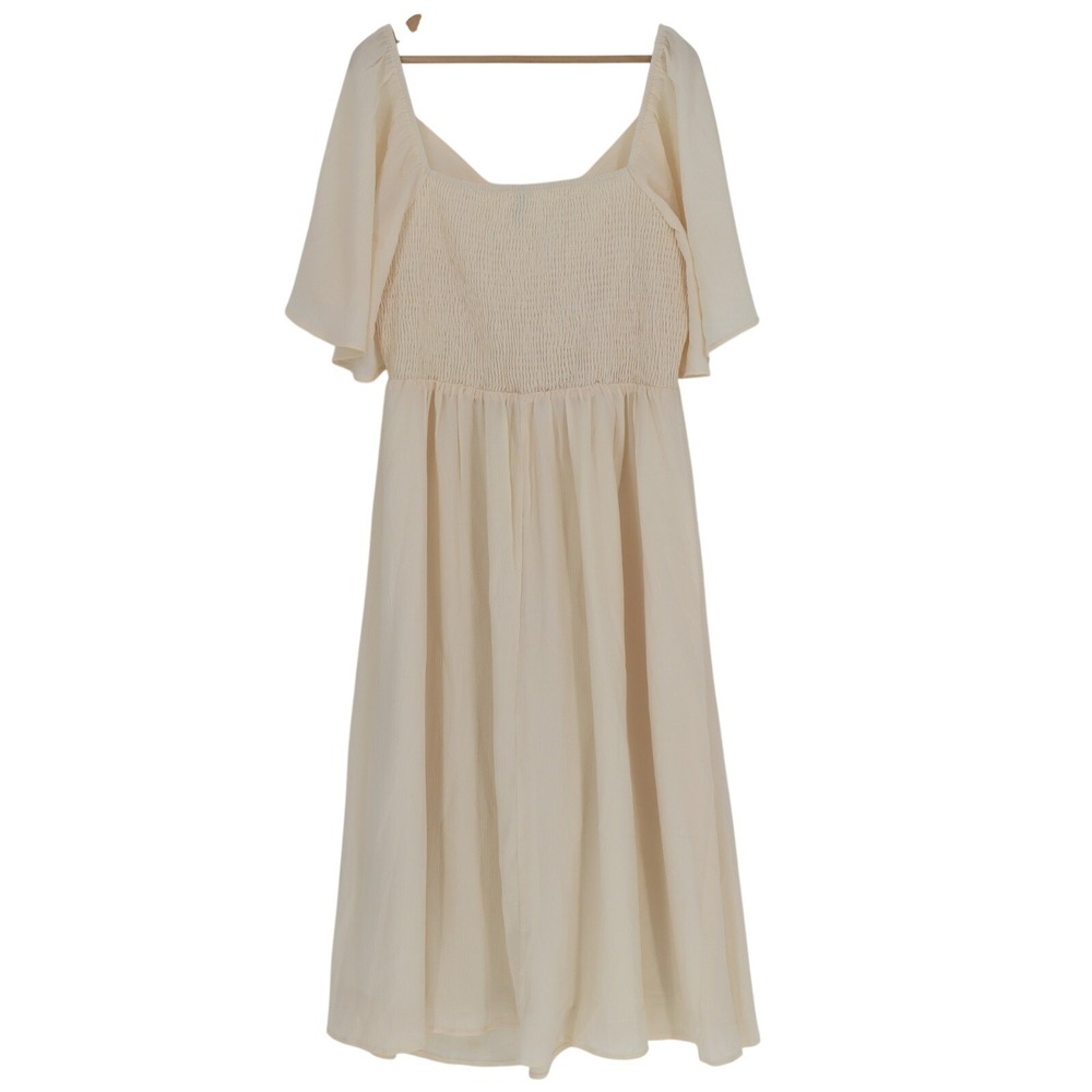 PrettyGarden Midi Dress Women 2XL Beige Ruched Smocked Back Ruffle Short Sleeve - Picture 4 of 5